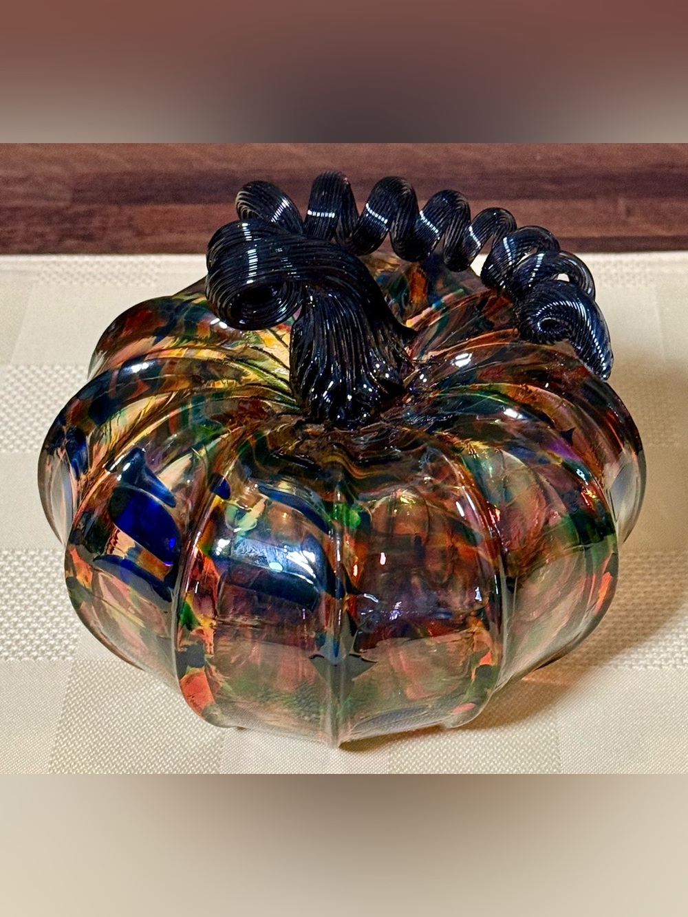 Luke Adams Handblown Multicolored Abstract Glass Pumpkin Figurine Orange Hue